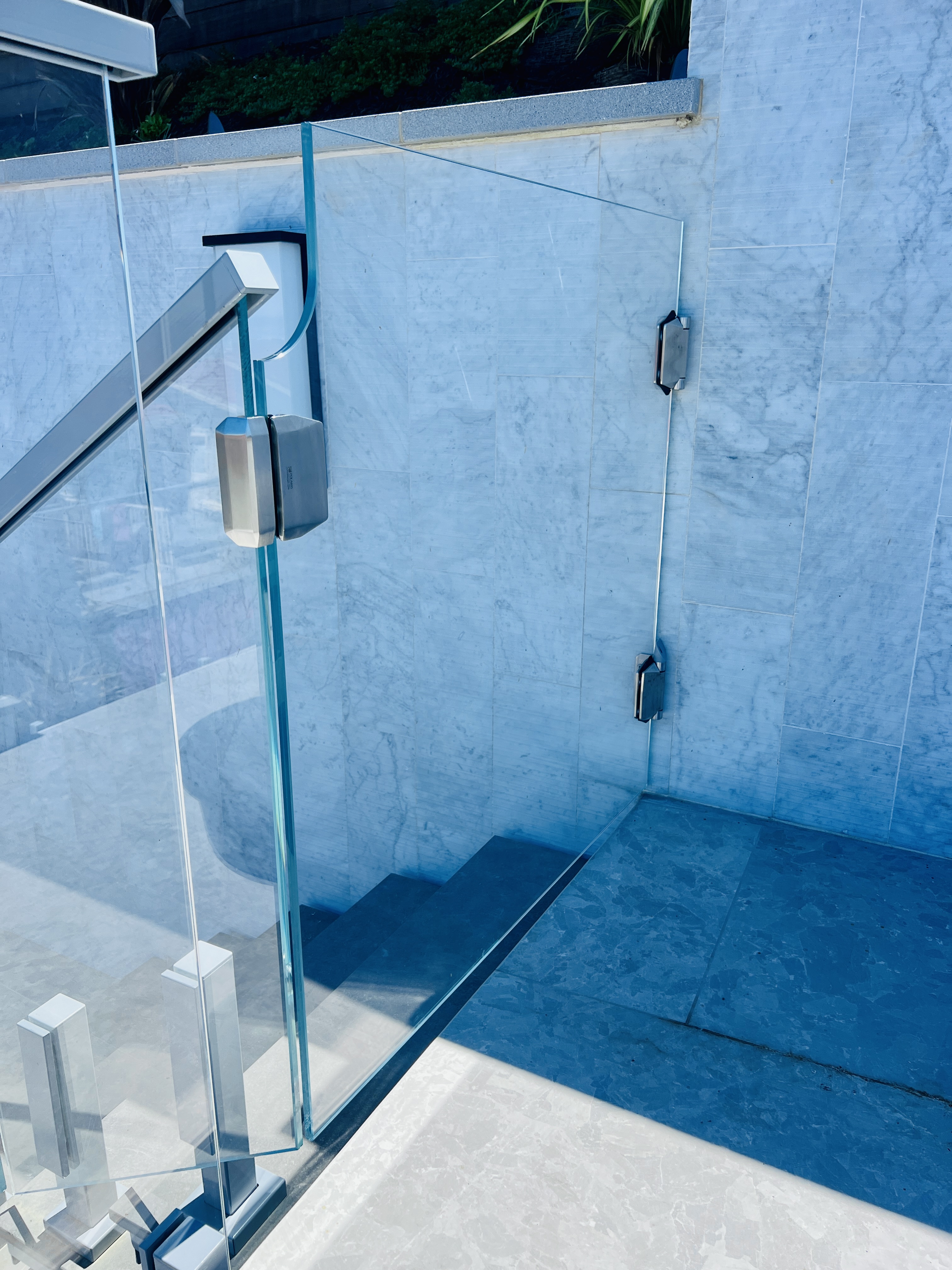 Glass Railing On Side Side-mounted Glass Railing with Glass Gates | Vantage Stairs & Railing