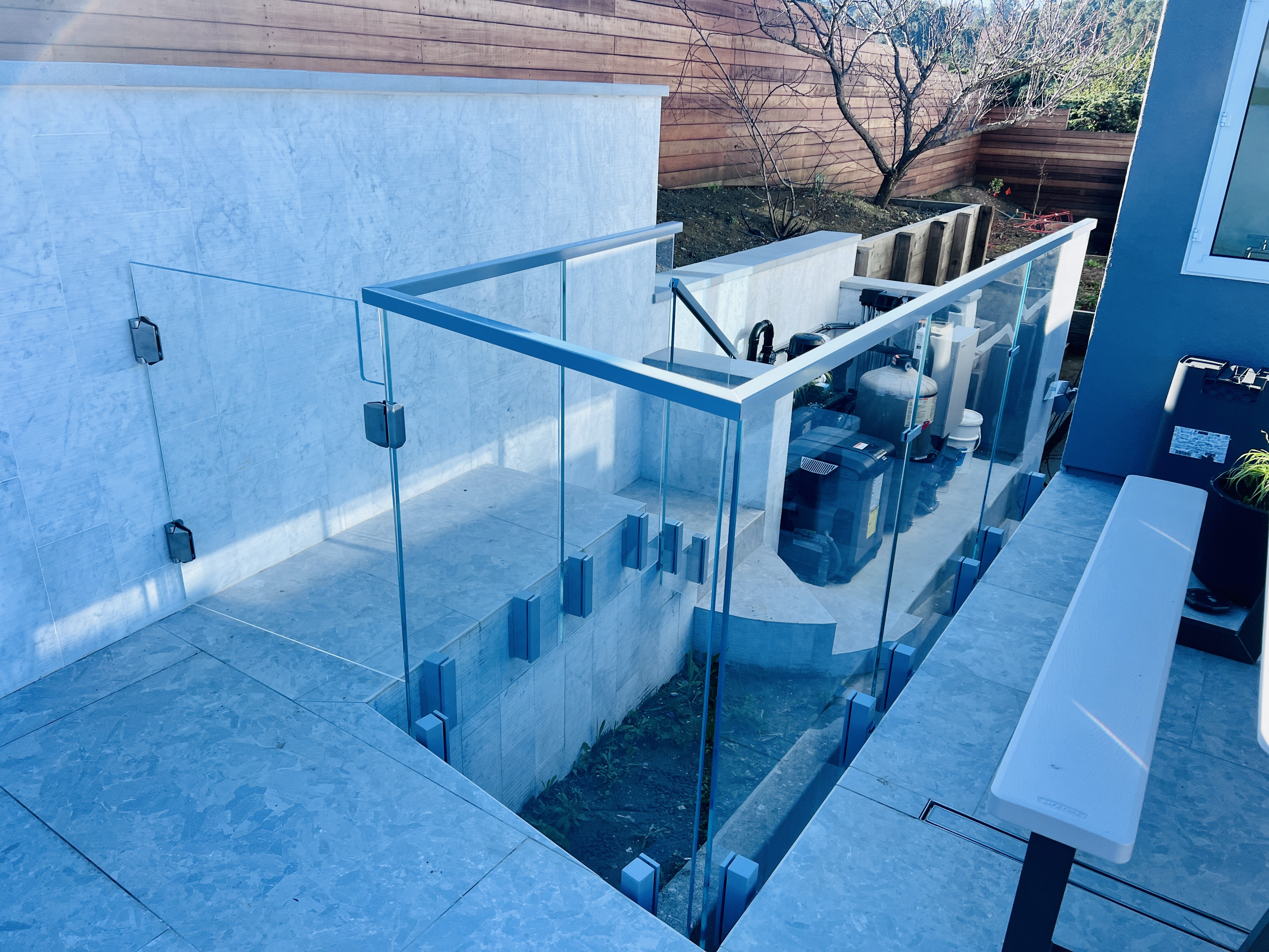 Glass Railing On Side Side-mounted Glass Railing with Glass Gates | Vantage Stairs & Railing